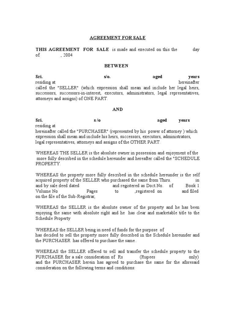 Agreement for Sale Deed Sales