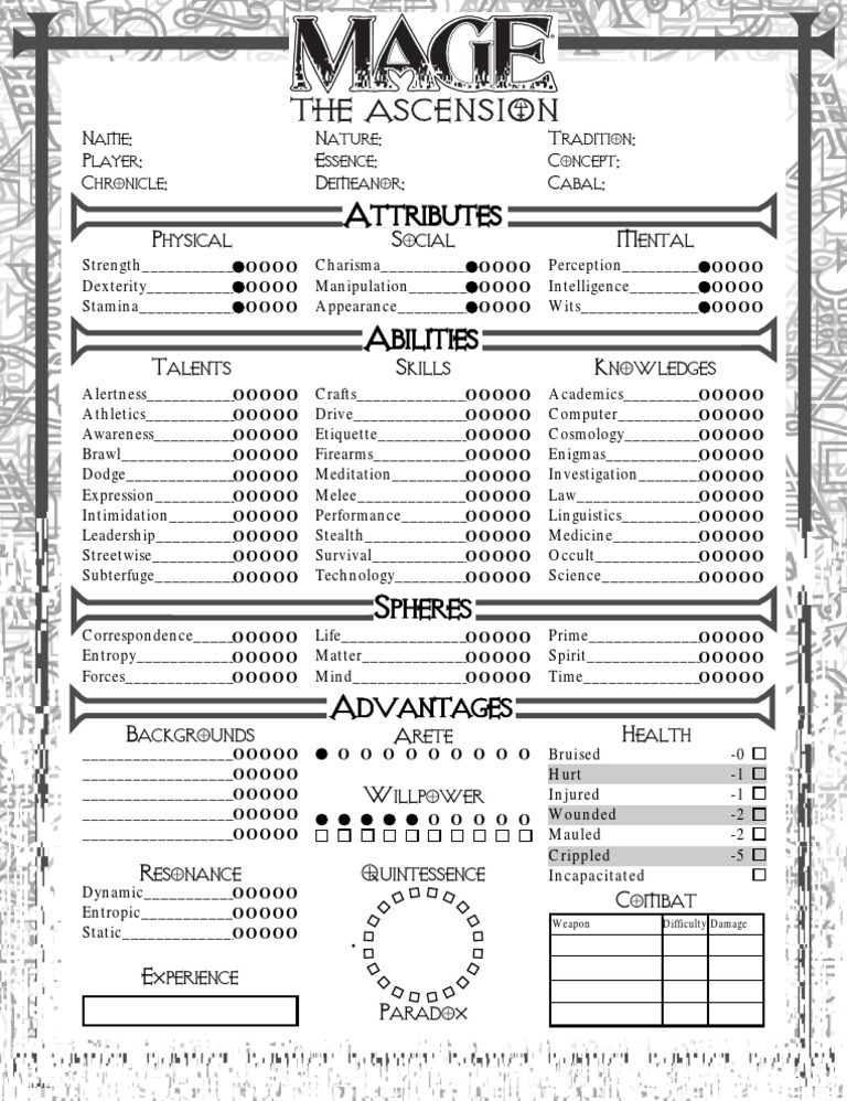 Character Sheet: Mage (Revised Edition) | PDF | Role Playing Games ...