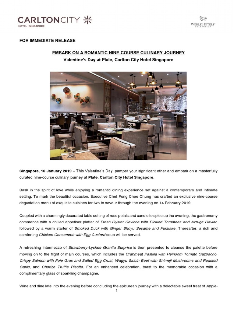 Press Release Valentine S Day 19 At Plate Carlton City Hotel Singapore Cuisine Cooking