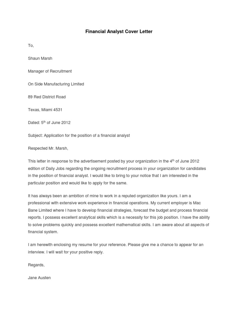 cover letter examples for financial analysts