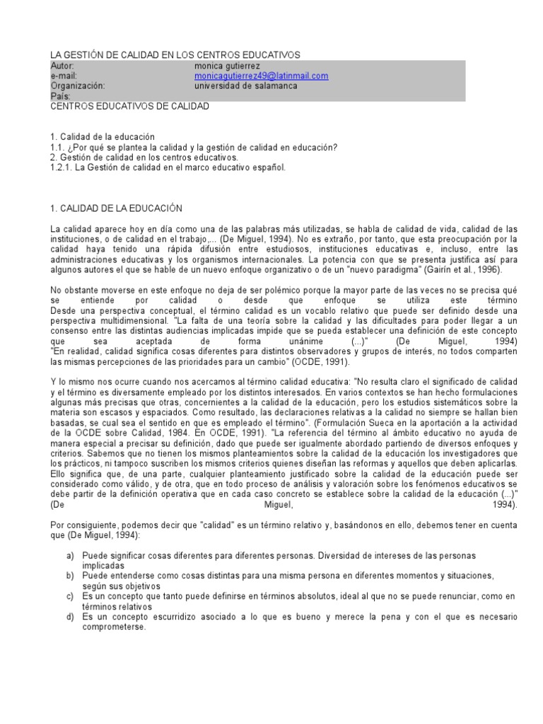 La Gestión de Calidad en Los Centros Educativos | PDF | Calidad ...