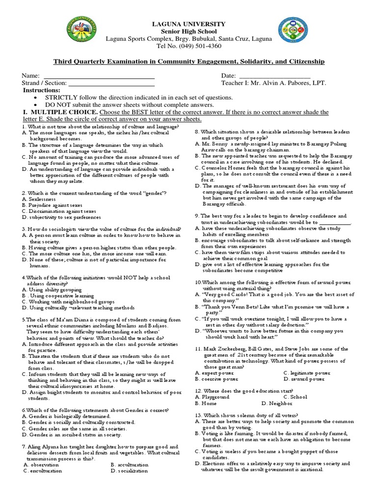 3rd Quarterly Exam in Cesc (Exam Edited) Value (Ethics) Community
