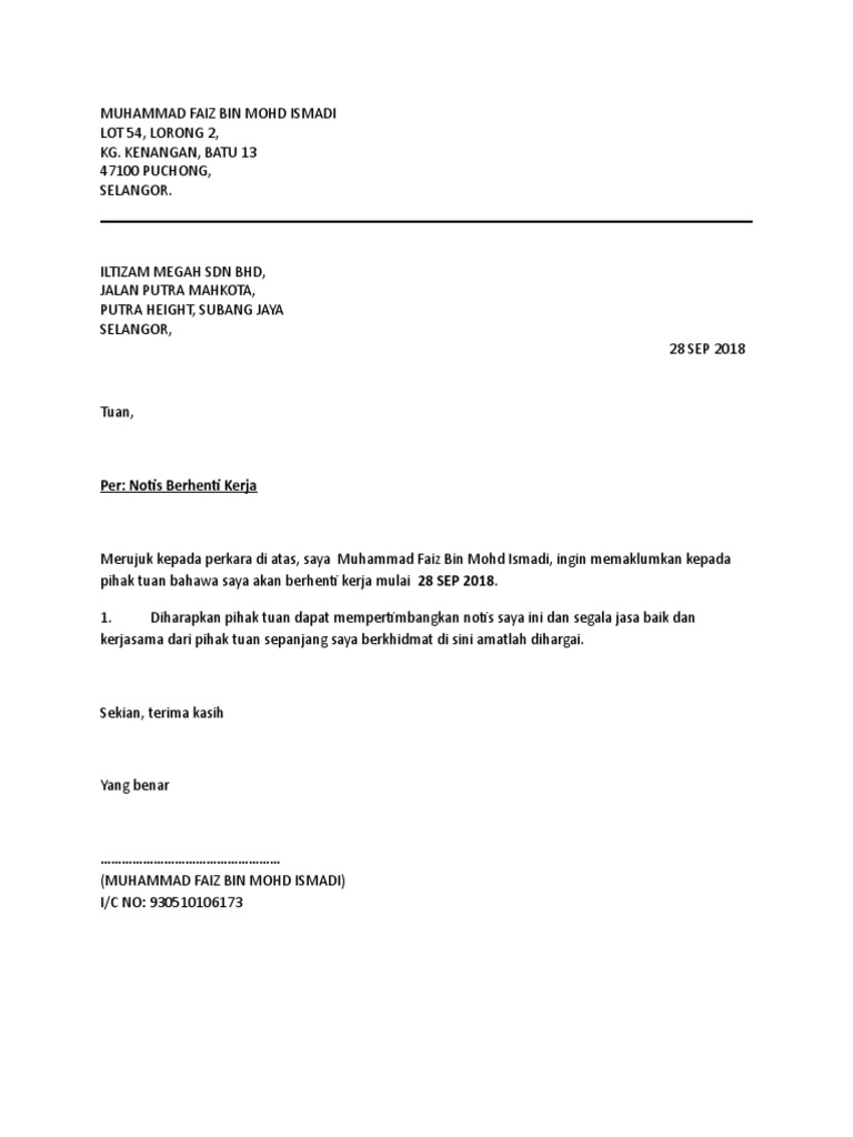 Contoh Surat Berhenti Kerja Notis Sebulan | Pdf