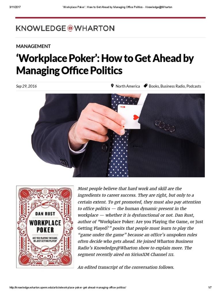Workplace Poker' - How To Get Ahead by Managing Office Politics | PDF