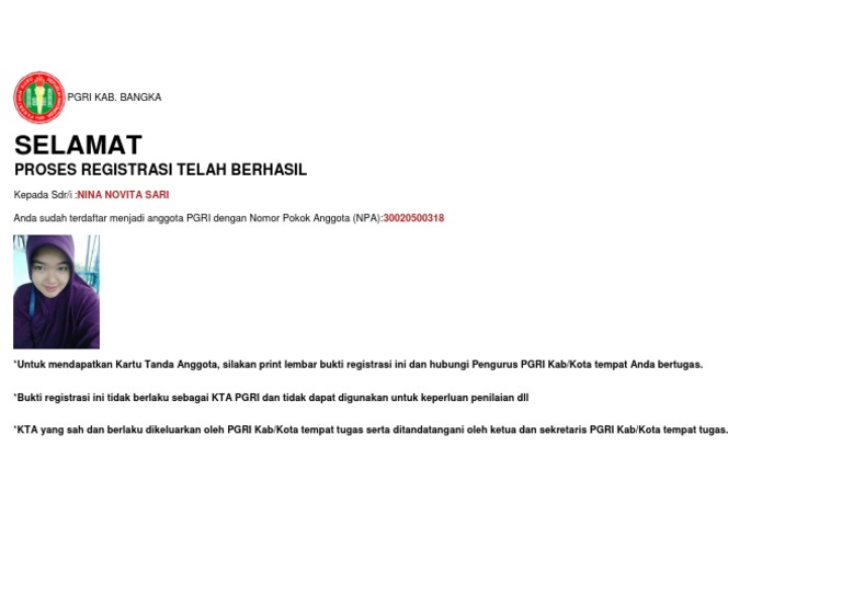 Registrasi Anggota Pgri 30020500318 Nina Novita Sari