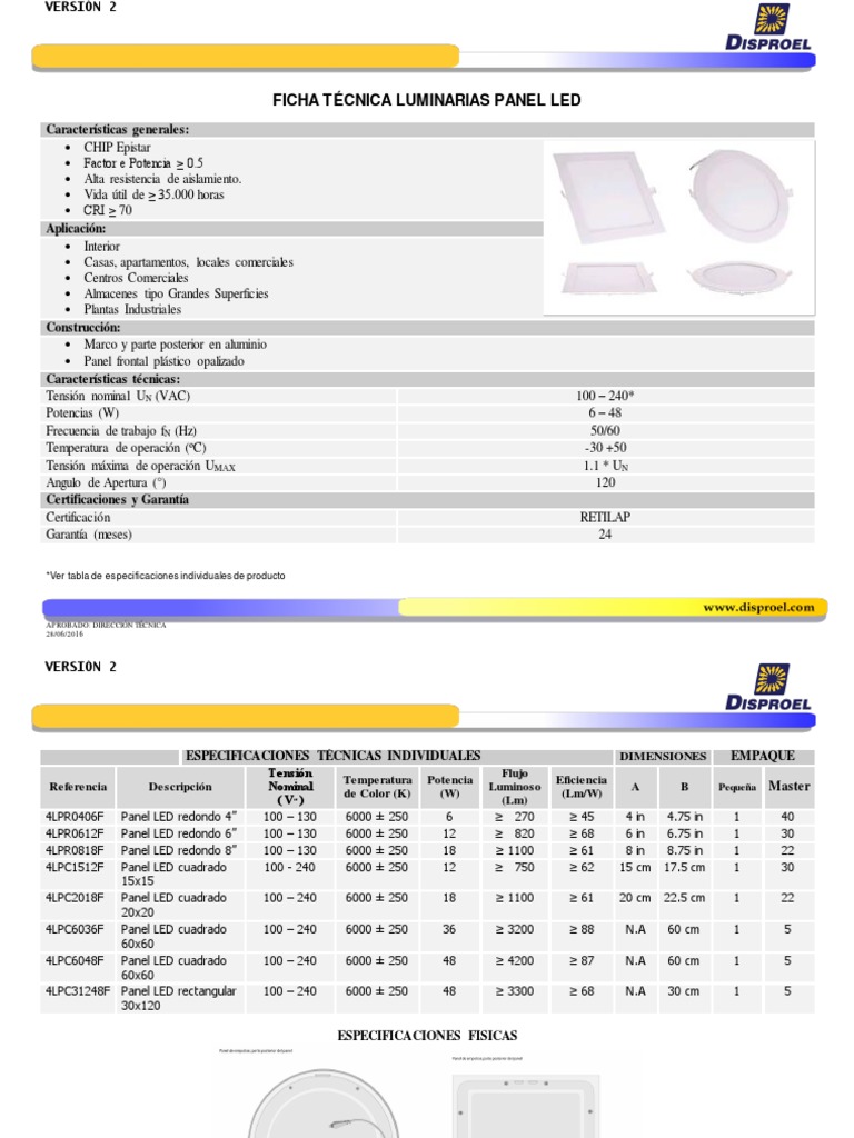 Ficha técnica Luminaria Panel LED_V2.pdf PDF Diodo emisor de luz