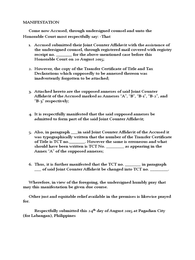 Manifestation of Compliance in Court | PDF | Business | Law
