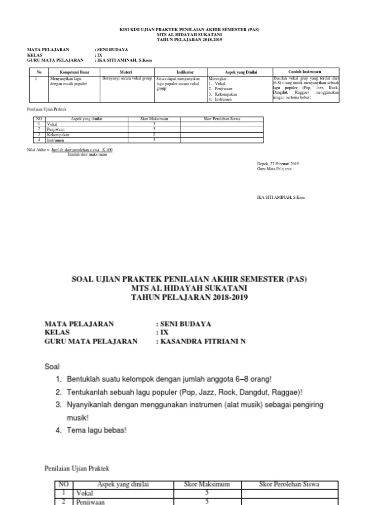 Kisi Kisi Ujian Praktek Penilaian Akhir Semester Bernyanyi Vokal Grup 1 Docx