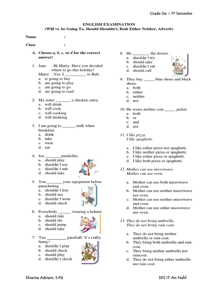 Grade Six English Examination Document Covering Adverb and Modal Verb
