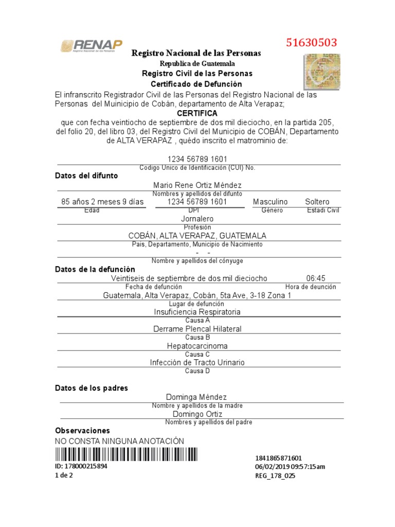 Certificado de Defunción