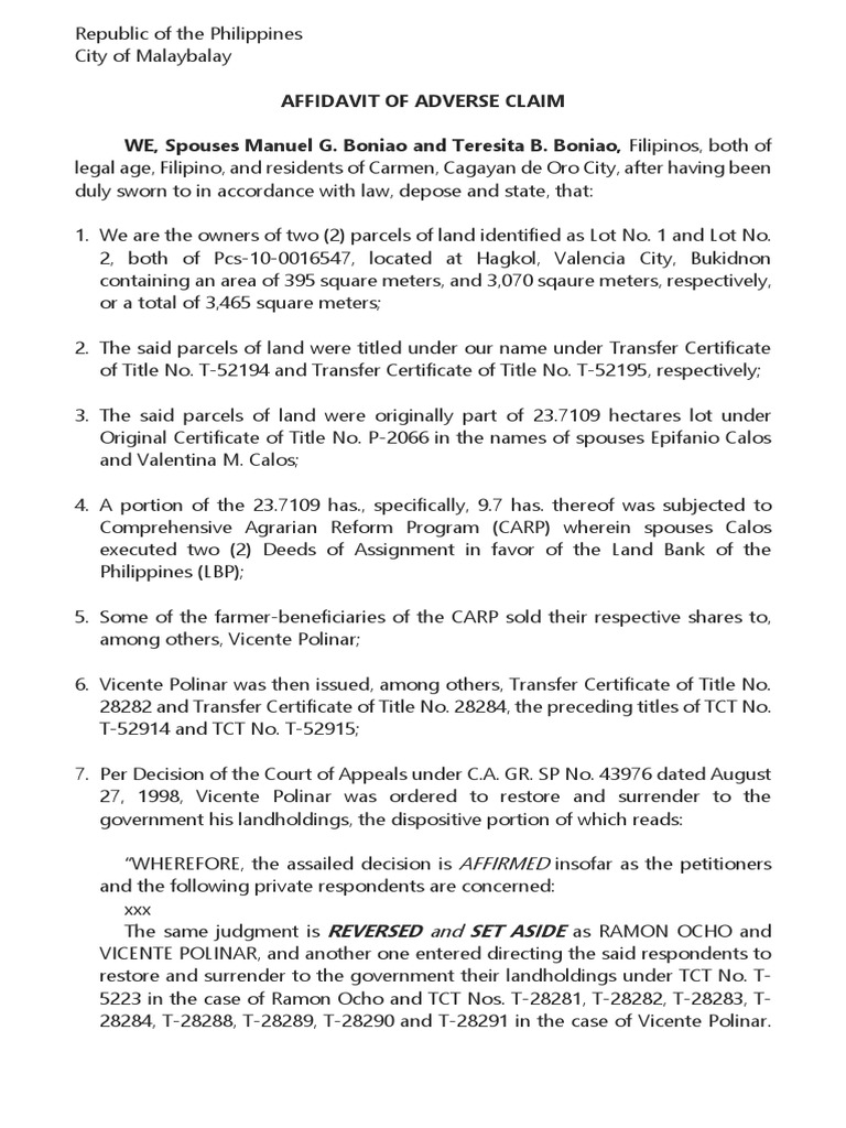Affidavit of Adverse Claim by Boniao | PDF | Judgment (Law ...