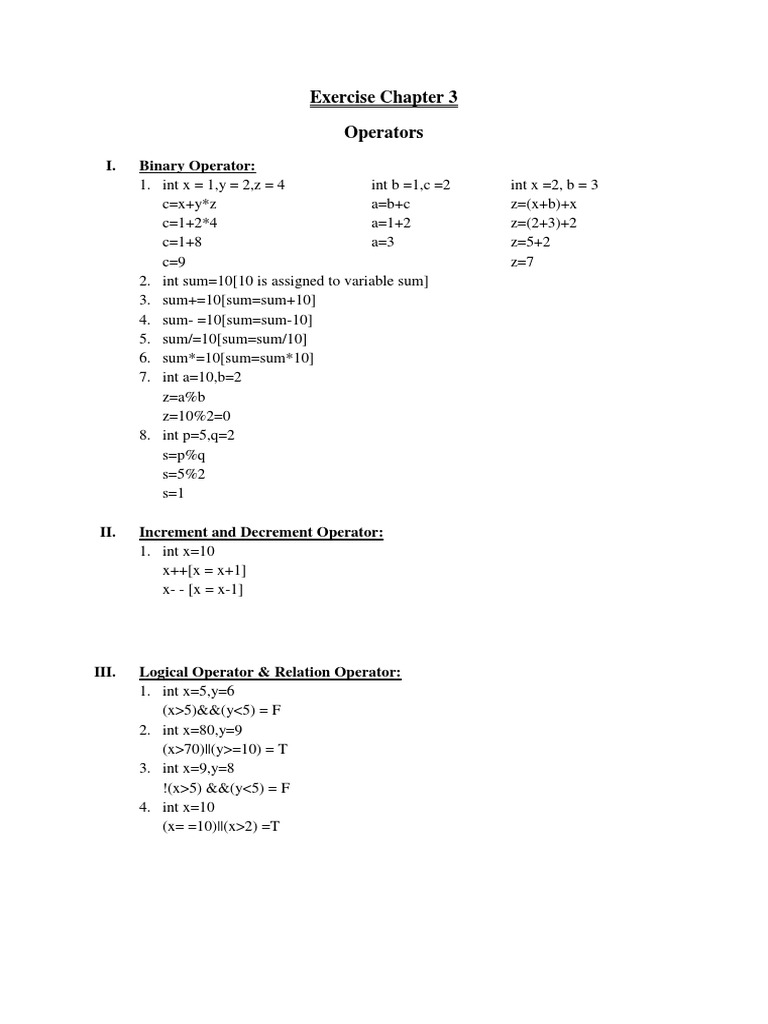 Exercise Chapter 3 Operators I Binary Operator Pdf