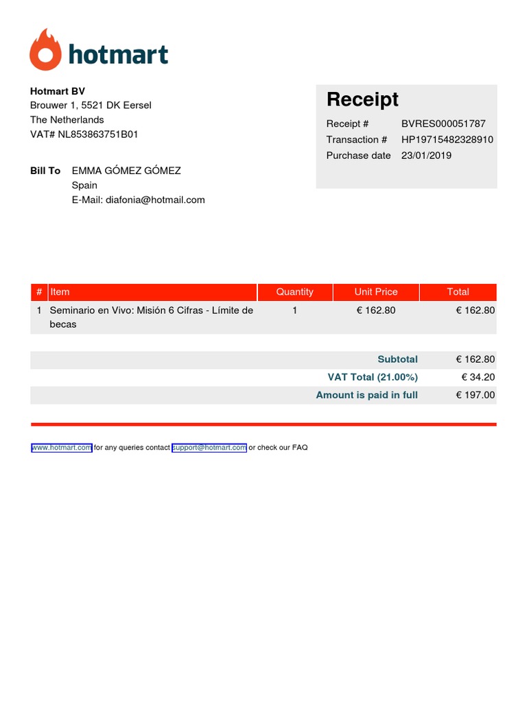 Hotmart Receipt for Emma Gómez | PDF