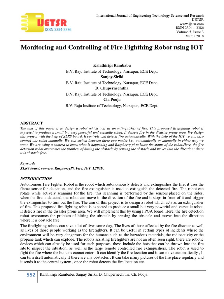 Monitoring and Controlling of Fire Fighthing Robot Using IOT | PDF ...