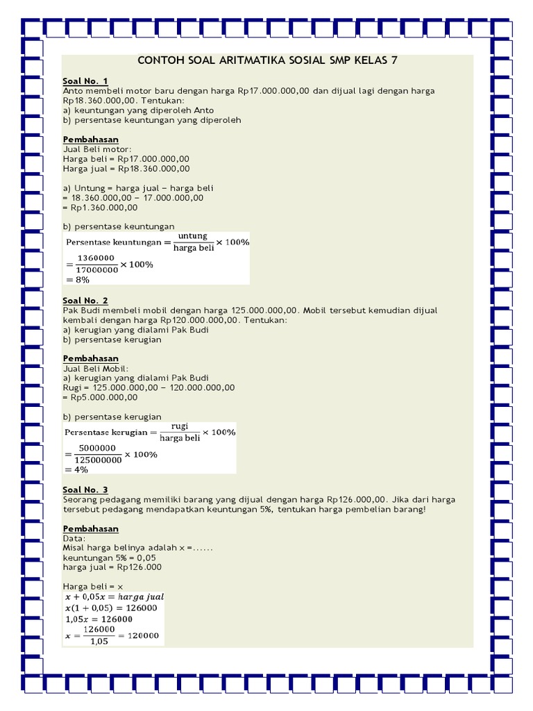 Contoh Soal Aritmatika Sosial Smp Kelas 7 Docx