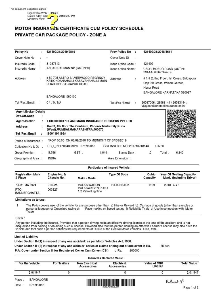 Private Car Package Policy - Zone A Motor Insurance Certificate Cum ...