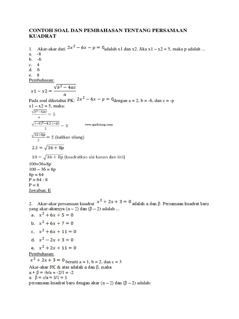 Contoh Soal Persamaan Kuadrat Dan Jawabannya - Berbagi Contoh Soal