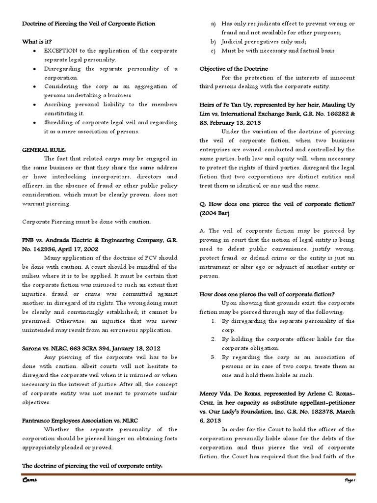 Doctrine Of Piercing The Veil Of Corporate Fiction Pdf Pdf Piercing