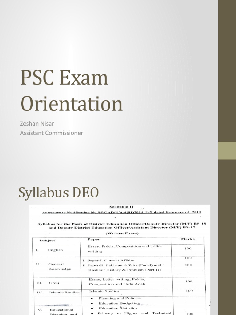 PSC Syllabus For DEO & AEO EXam Orientation PDF Pakistan National