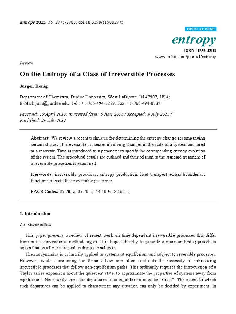 Entropy: On The Entropy of A Class of Irreversible Processes | PDF ...