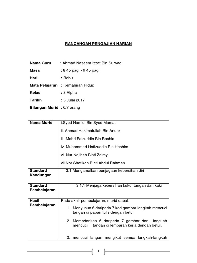 Rancangan Pengajian Harian Kebersihan Diri Docx Dah Siap Pdf