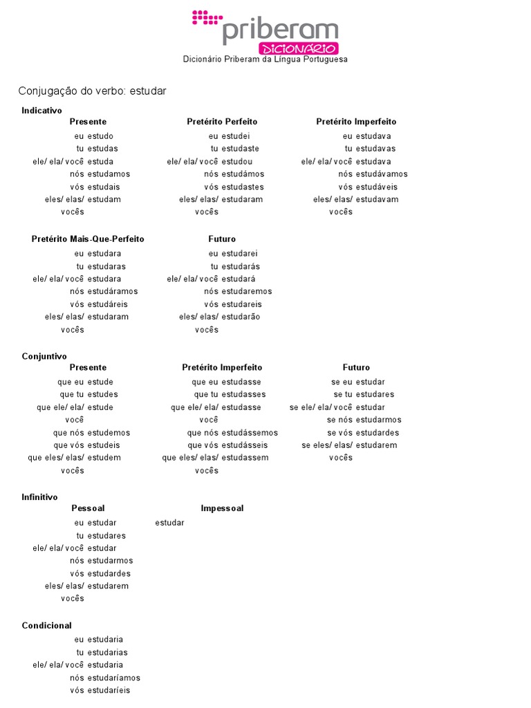 Conjugação do verbo estudar | PDF | Conjugação gramática ...