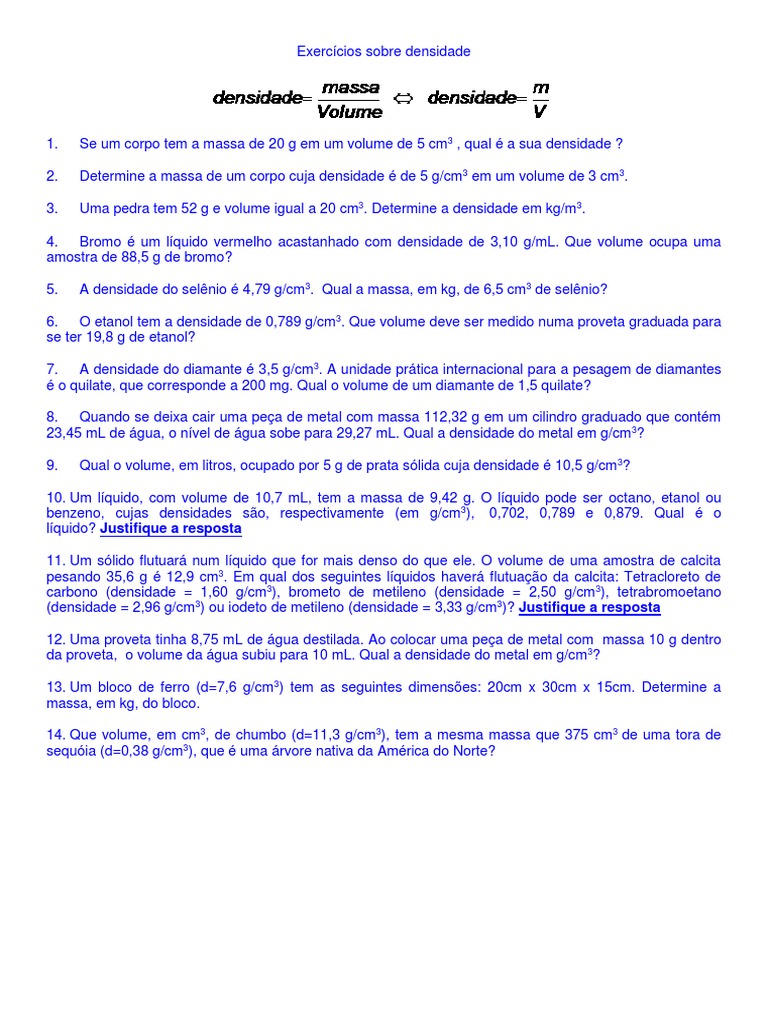Exercícios de Densidade para 9º Ano | PDF