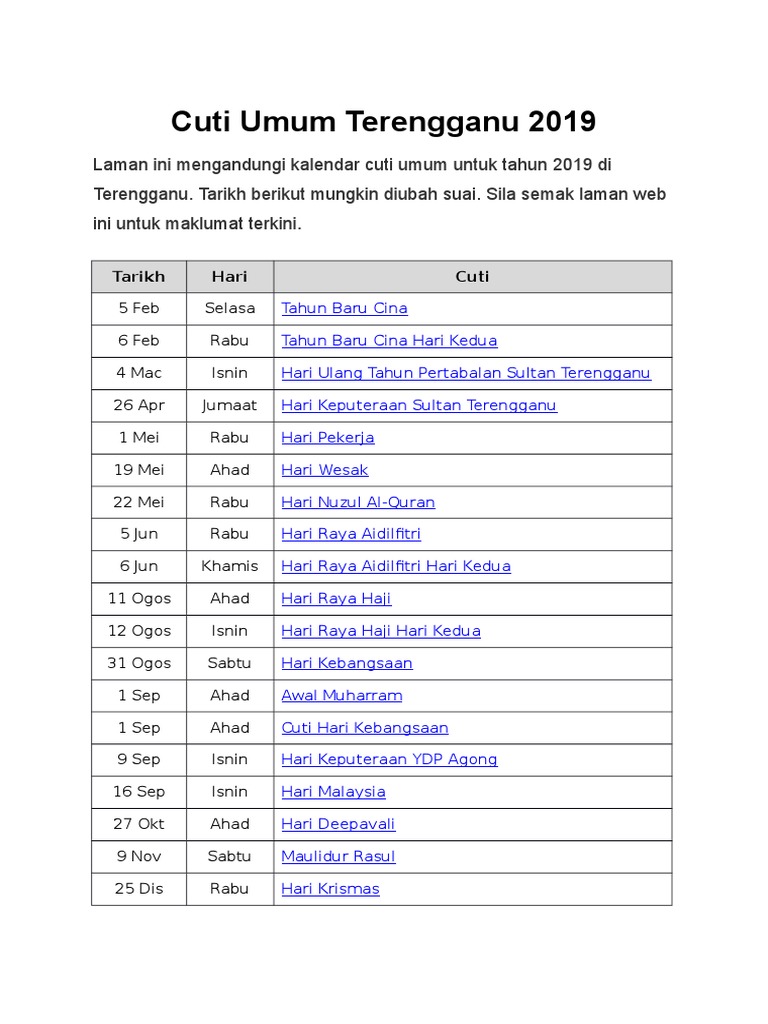 Cuti Umum Terengganu 2019 Pdf