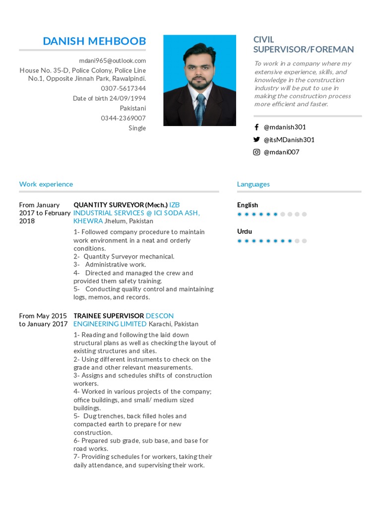 Danish Mehboob: Civil Supervisor/Foreman | PDF | Pakistan | Engineering