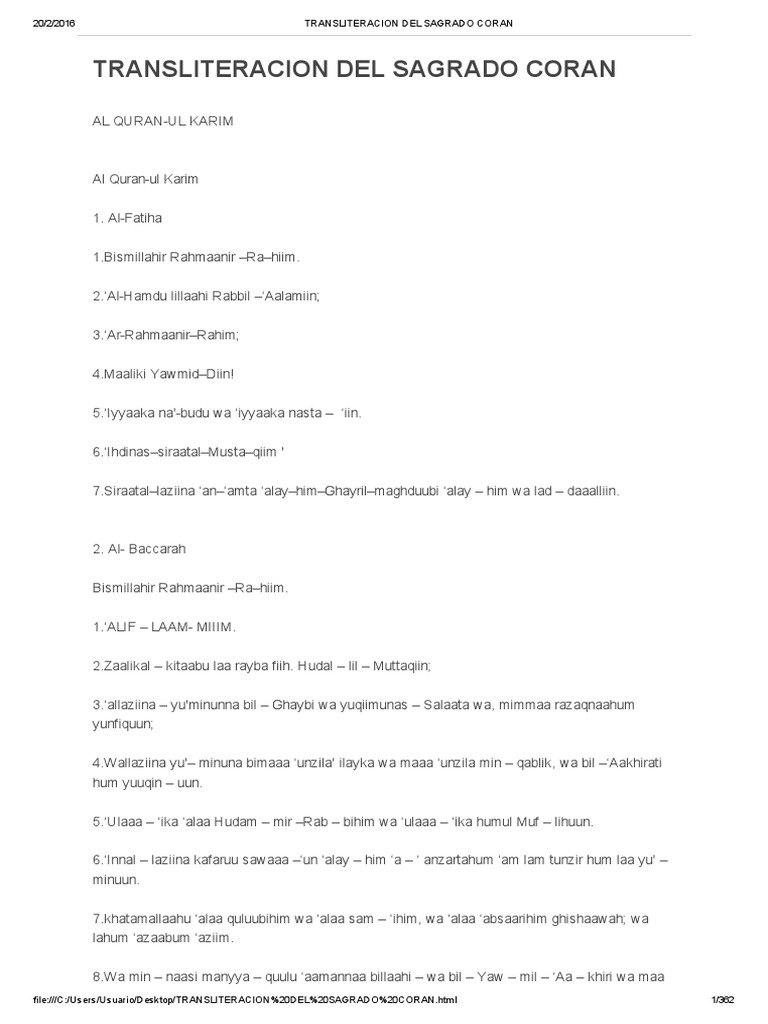 Transliteracion Del Sagrado Coran