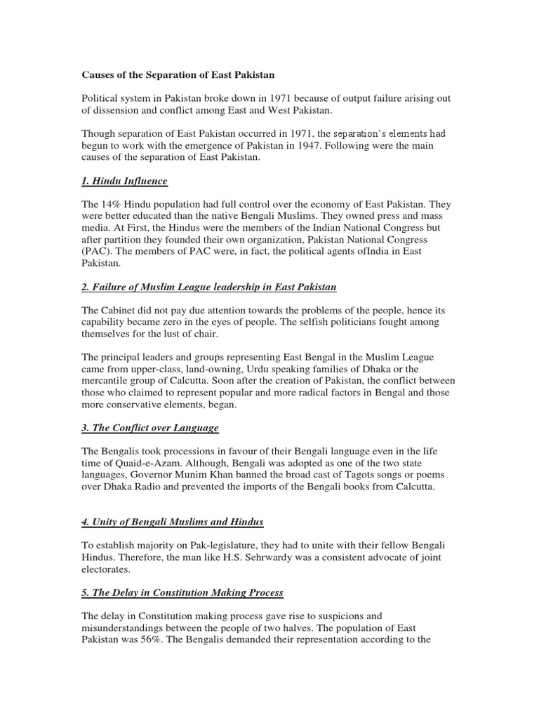Causes of The Separation of East Pakistan | PDF | Pakistan | Bengal