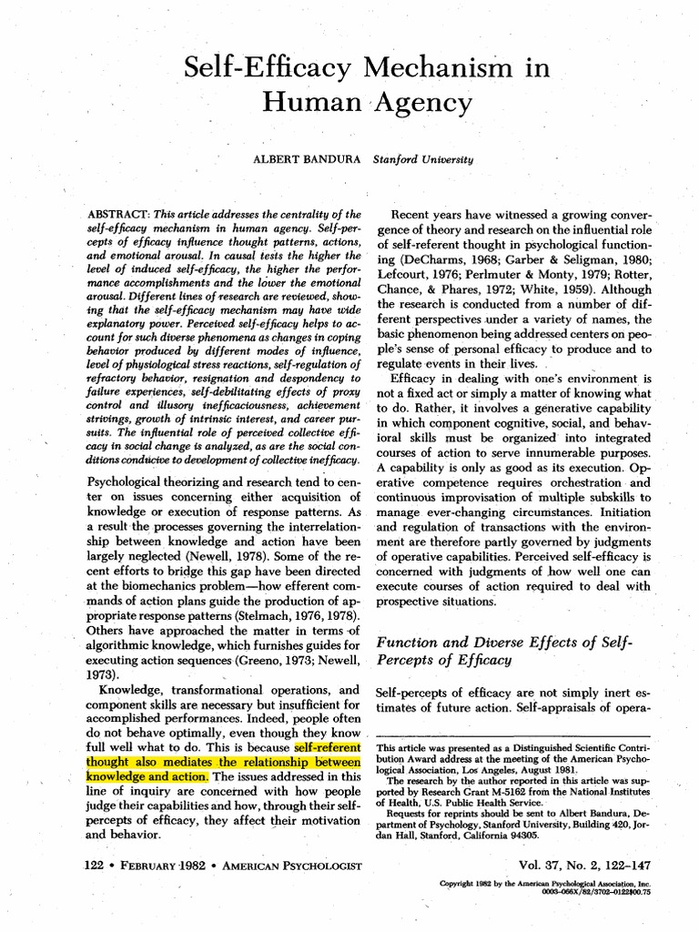 Bandura - Self Eficcacy and Agency PDF | PDF | Self Efficacy | Applied ...