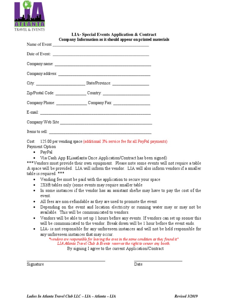 LIA Special Events Vendor Application | PDF | Pay Pal | Fee