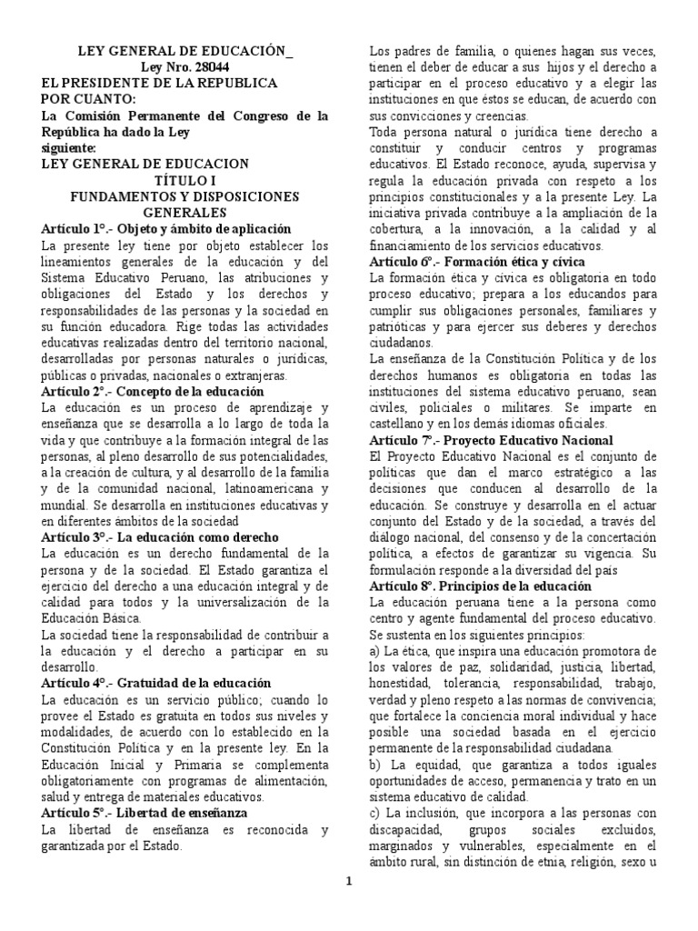 Ley General de Educación Peruana 28044 | PDF | Educación primaria ...