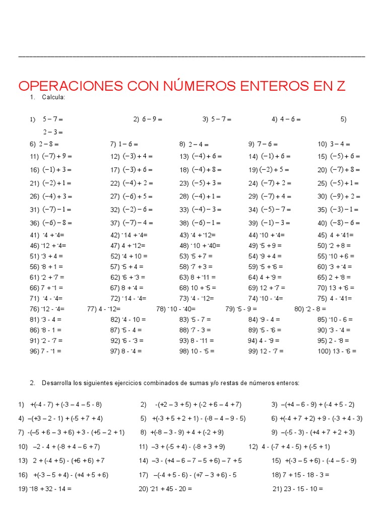 Hojas De Trabajo Para Restar Números Enteros Con Respuestas