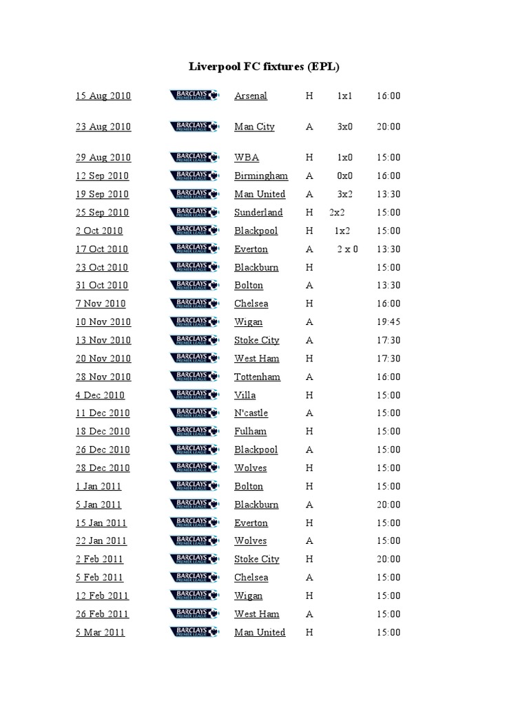Liverpool Schedule Printable