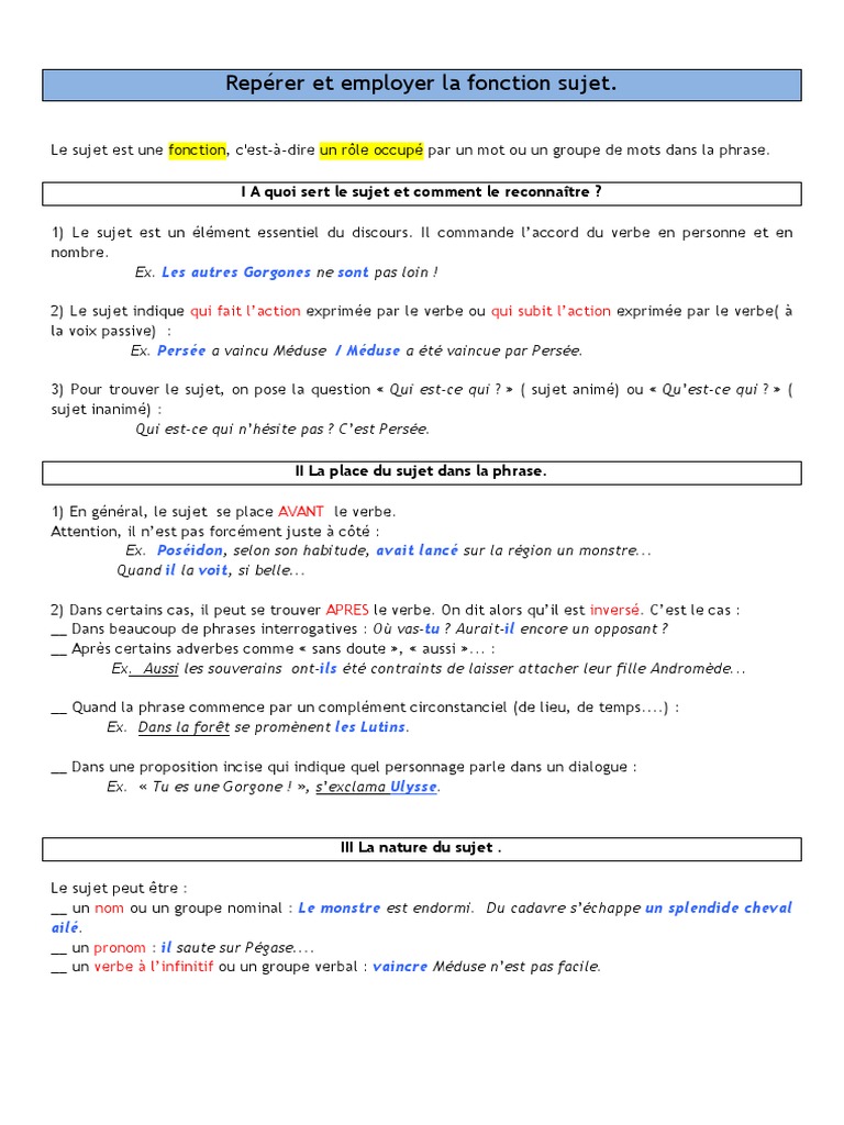 langue 6eme le sujet pdf sujet grammaire phrase