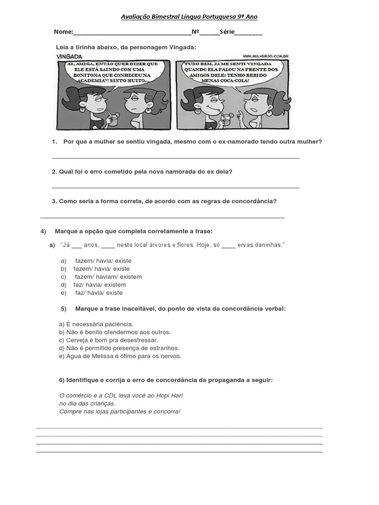 Avaliação de Concordância Verbal 9º Ano | PDF | Carreira e Crescimento ...