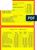 Binding, Printing and Photo Prices List