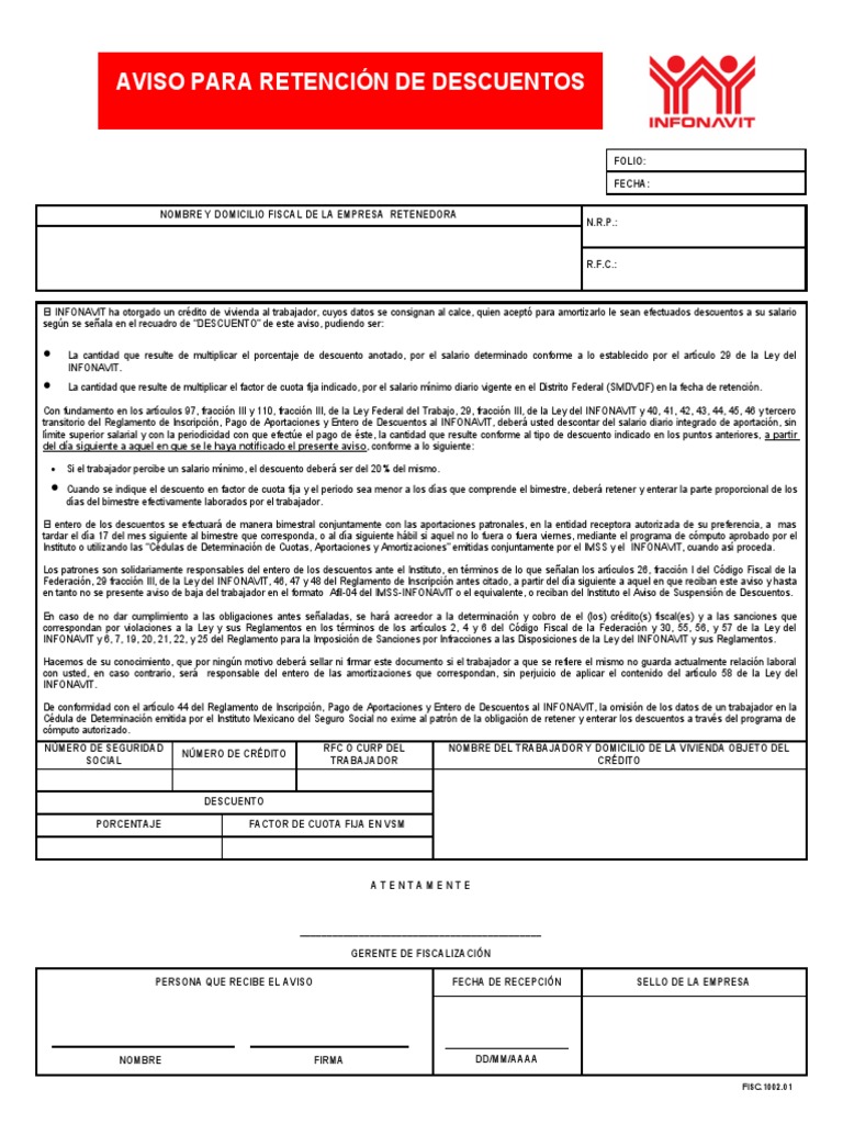 Aviso de Retención de Descuentos INFONAVIT | PDF | Salario mínimo | Salario