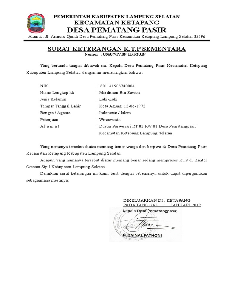 Surat Keterangan KTP Sementara | PDF