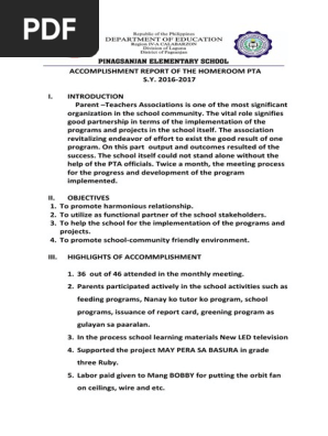 Accomplishment Report Of The Homeroom Pta Pdf Behavior Modification Cognition