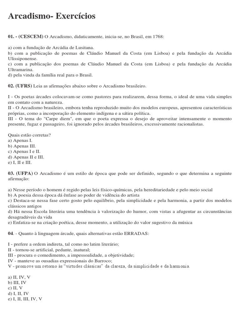 Exercícios sobre Arcadismo Brasileiro | PDF | Poesia | Mitologia grega