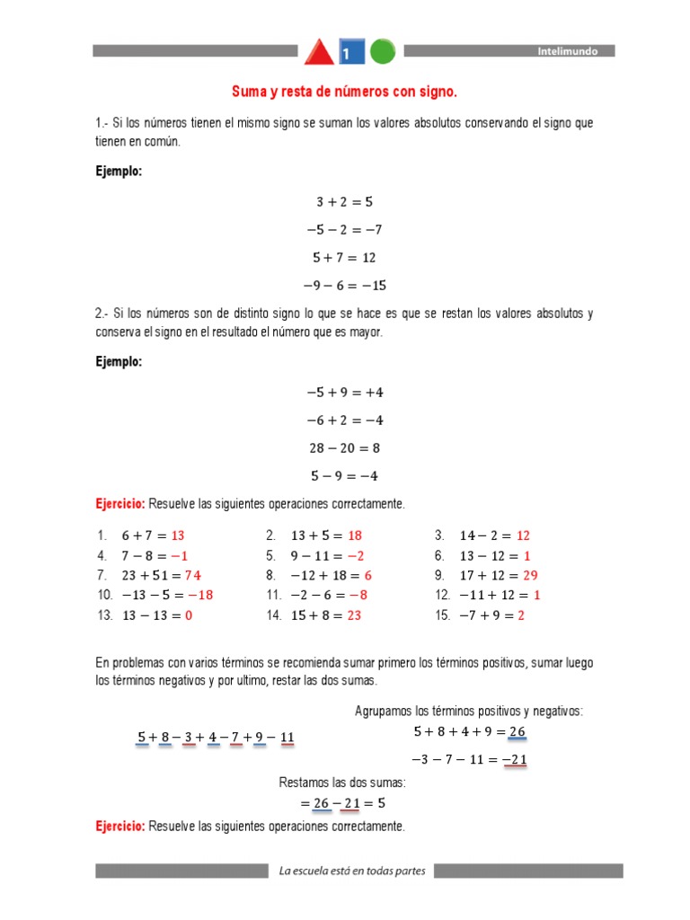 Ejercicios de Suma y Resta con Signos | PDF | Sustracción | Números