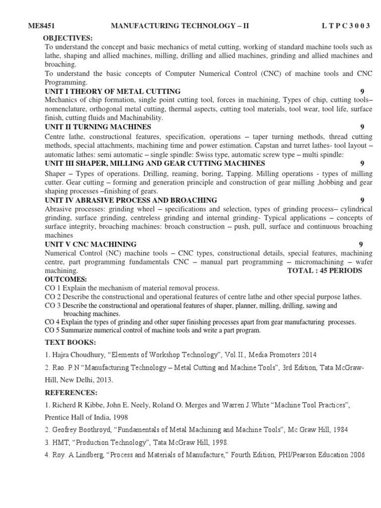 Manufacturing Technology Syllabus ME8451 | PDF | Machining | Grinding ...