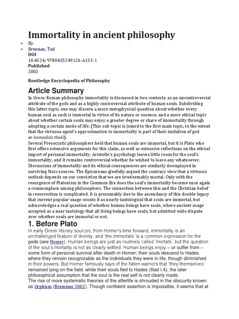 Immortality in Ancient Philosophy PDF Immortality Soul