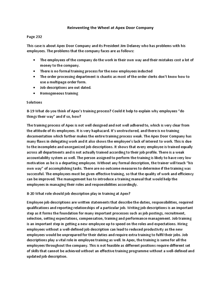 Apex Door Company Case Study PDF Employment Recruitment