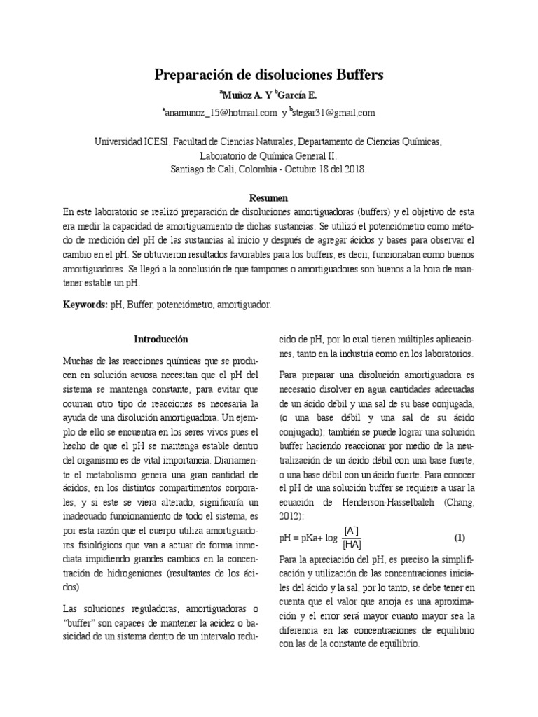 Preparacion De Soluciones Buffer A Ph Determinado