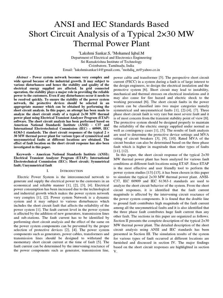ANSI and IEC Standards Based Short Circuit Analysis of A Typical 2×30