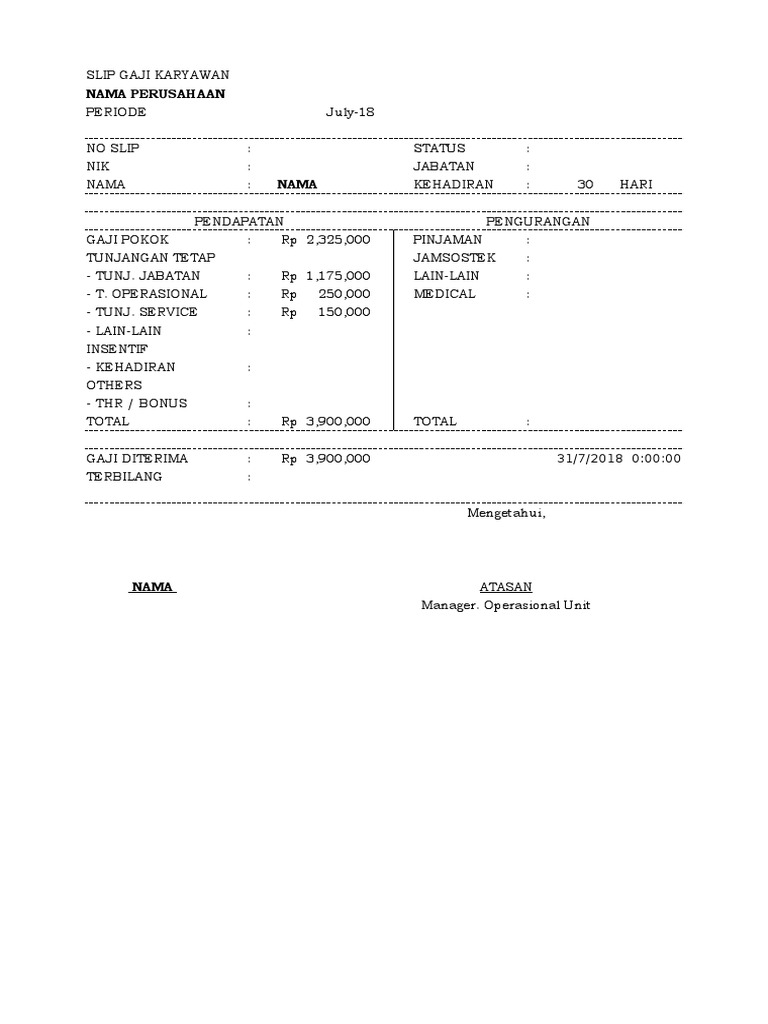 Contoh Slip Gaji Sederhana PDF